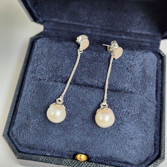 VTG 925 Honora/Tiffany's Style Dangle Drop Pearl Signed Ornate 2" Stud Earrings - Picture 14 of 15